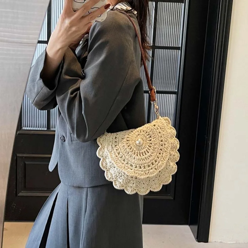 

Flower Edge Cotton Thread Woven Bag Retro Hollowed Out Ethnic Style Woven Bag Breathable Lightweight Summer Beach Flip Pouch