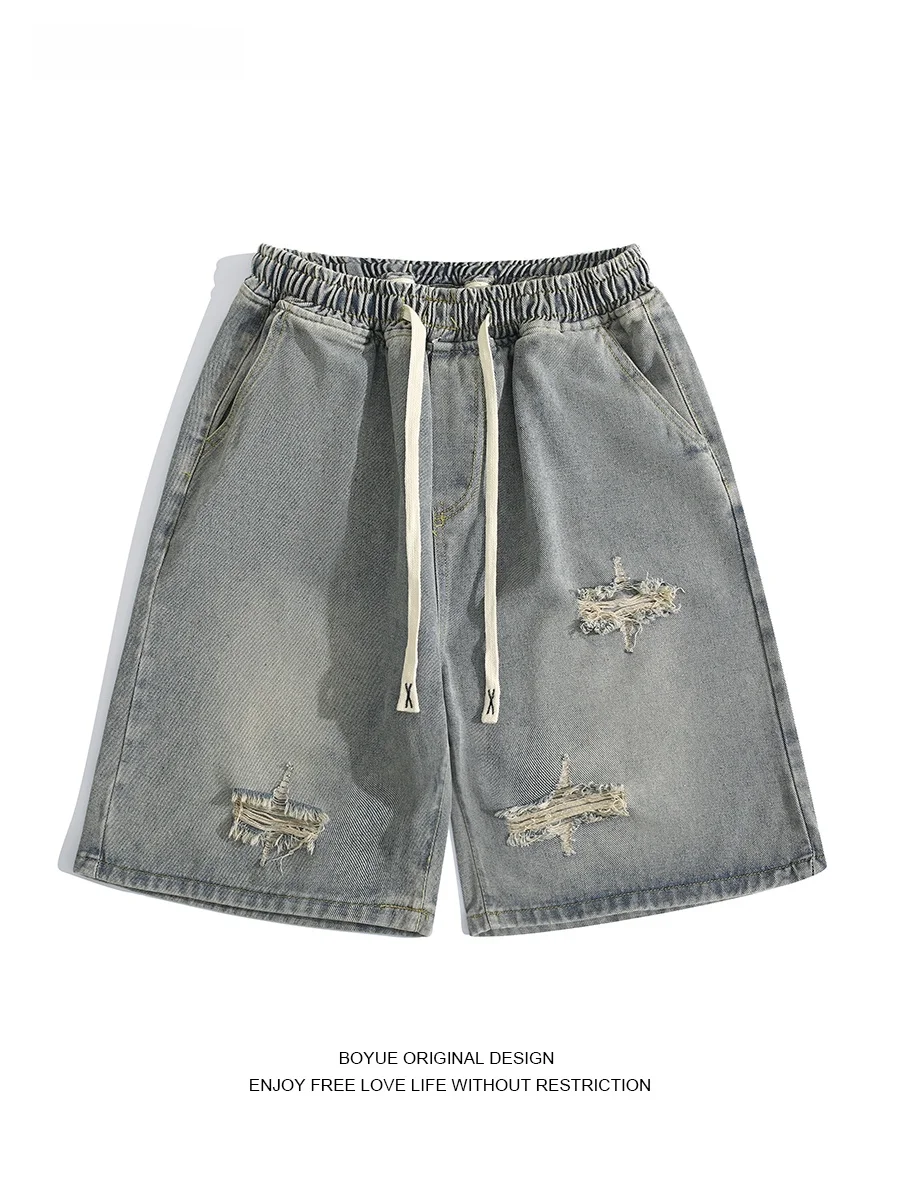 

Мужские джинсовые шорты Boyue Hong Kong с рваными элементами, эластичным поясом, повседневные, летние, в уличном стиле, пятидюймовые
