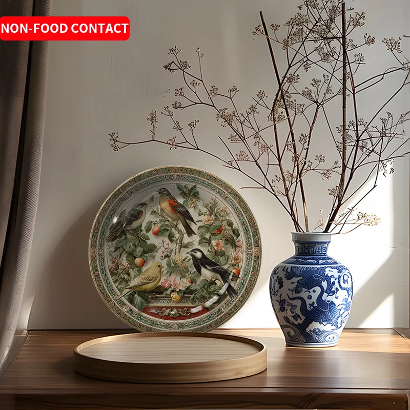 1pc Hand-Painted Ceramic Decorative Plate with Floral Bird & Fruit Round Art Plate - Elegant Table Centerpiece Suitable for