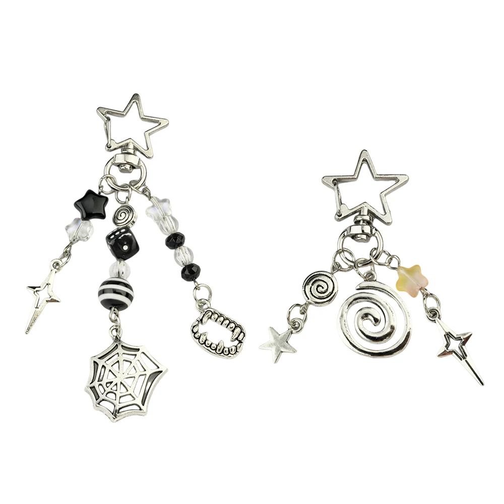 Geklemmter Würfel-Schlüsselanhänger, Spinnennetz, Spirale, Stern, Metall-Schlüsselanhänger, gotischer ästhetischer Schlüsselanhänger für Taschen, Accessoires, Halloween-Party