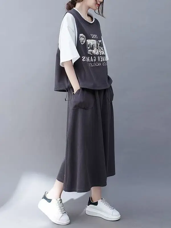 

Casual High Waist A-Line Skirt And Loose Top Color Block plus Size Women's Summer Fashion Set Polyester Fiber Short Sleeve