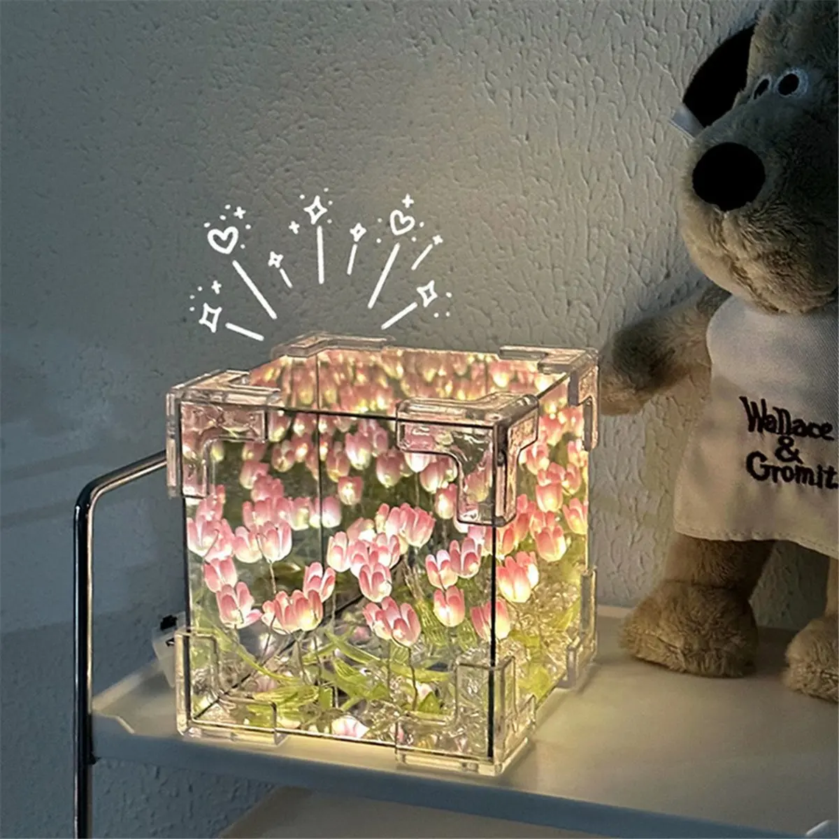 【Lamp】 DIY Tulip Mirror Cube Lamp Simulation Flower Bedroom Sleeping Table Handmade Tulip Small Night Light Gift Purpler