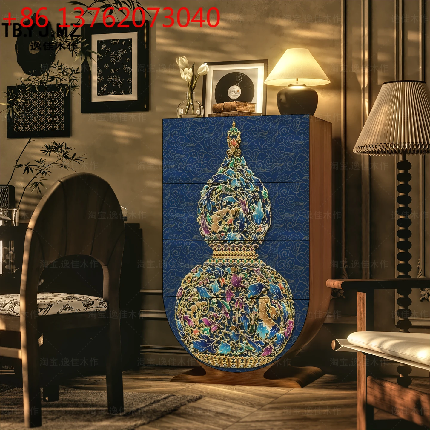 

New Chinese cloisonné auspicious Fulu gourd solid wood four-drawer decorative cabinet