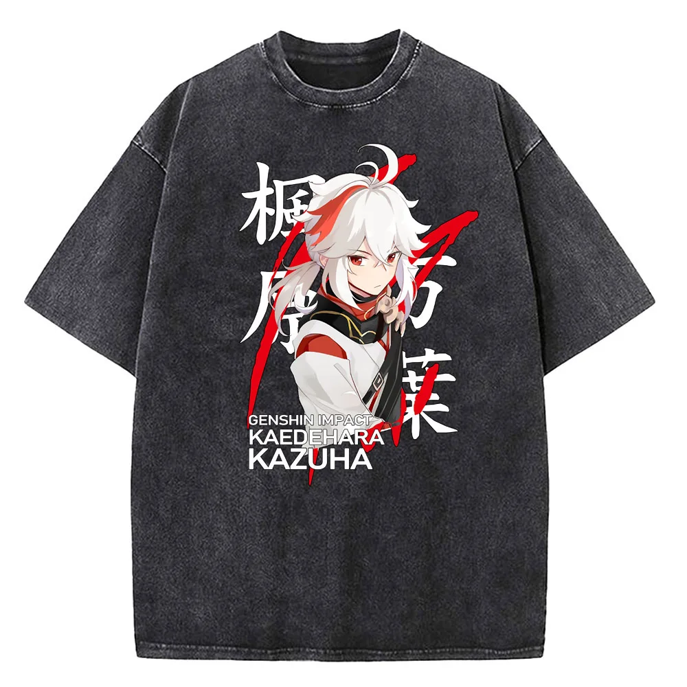 Genshin Impact Washed T shirt Cotton High Quality men University hip hop 80s Pop Culture t shirt Classic kawaii anime Retro
