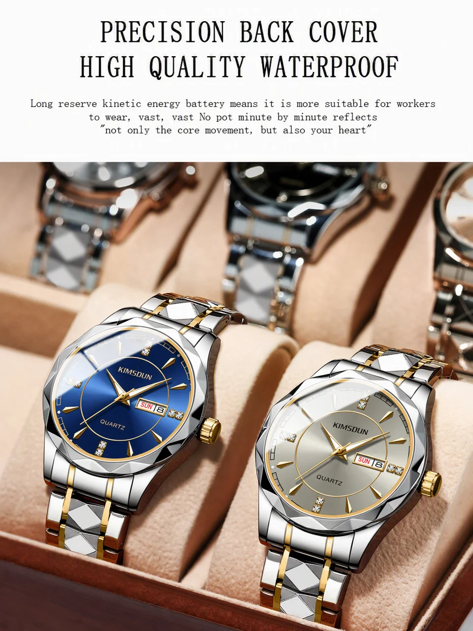 KIMSDUN Men's Stylish Quartz Watch Two-Tone Gold & Silver Alloy Case Alloy Strap Black Dial with Day Date Display Decorative Crystal Accents Wristwatch