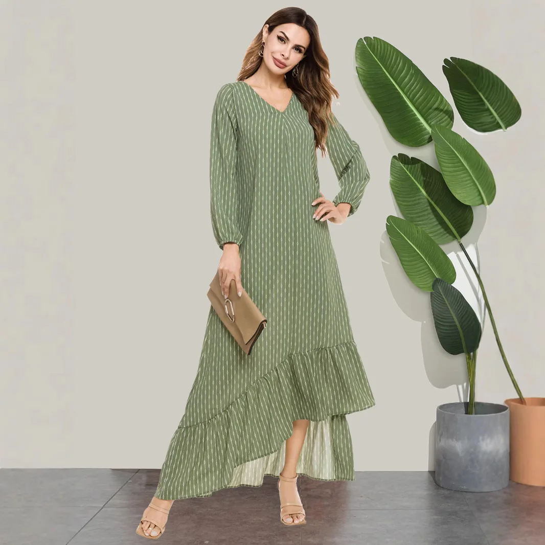 

A1338 Fashionable High-quality V-neck Long-sleeve Front-short-back-long Striped Printed Dress Ramadan Dubai Luxury Islam Elegant