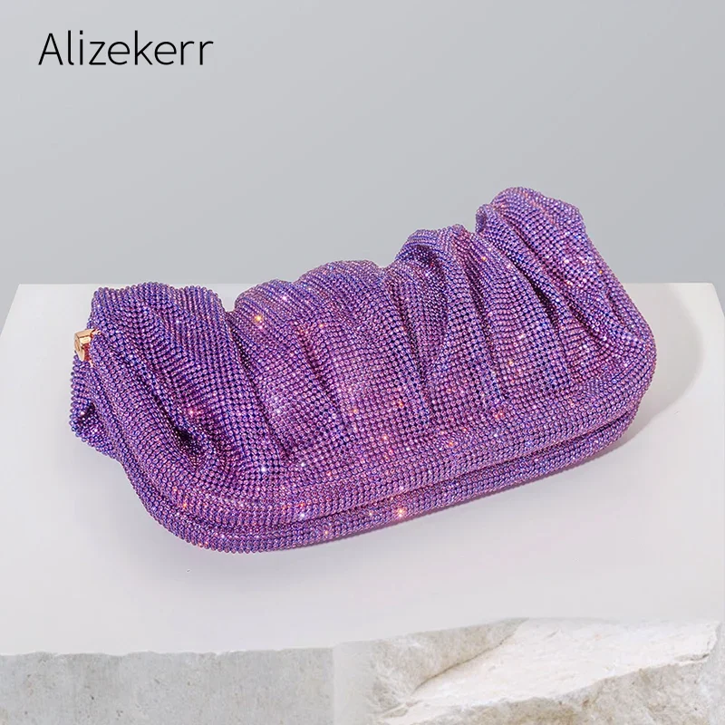 Bolsos de mano de noche con diamantes de imitación brillantes para mujer, carteras con Clip de cristal, pliegues, diseñador de lujo, fiesta de boda,