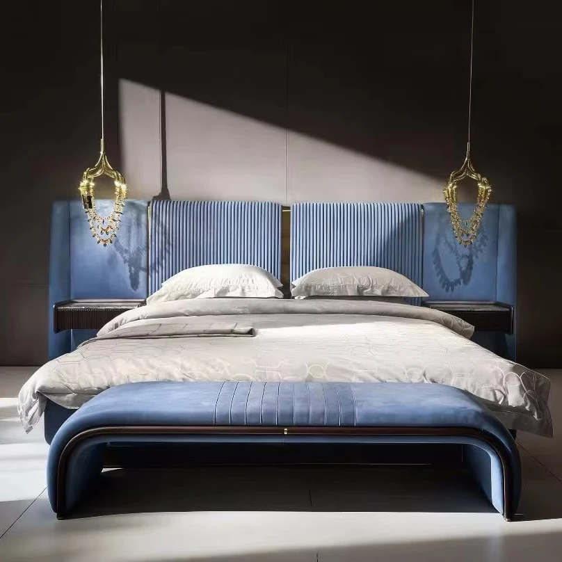 

Italian Modern Custom King Size Leather Wooden Bedroom Luxury Bed Sets Soft Style Hotel Furniture