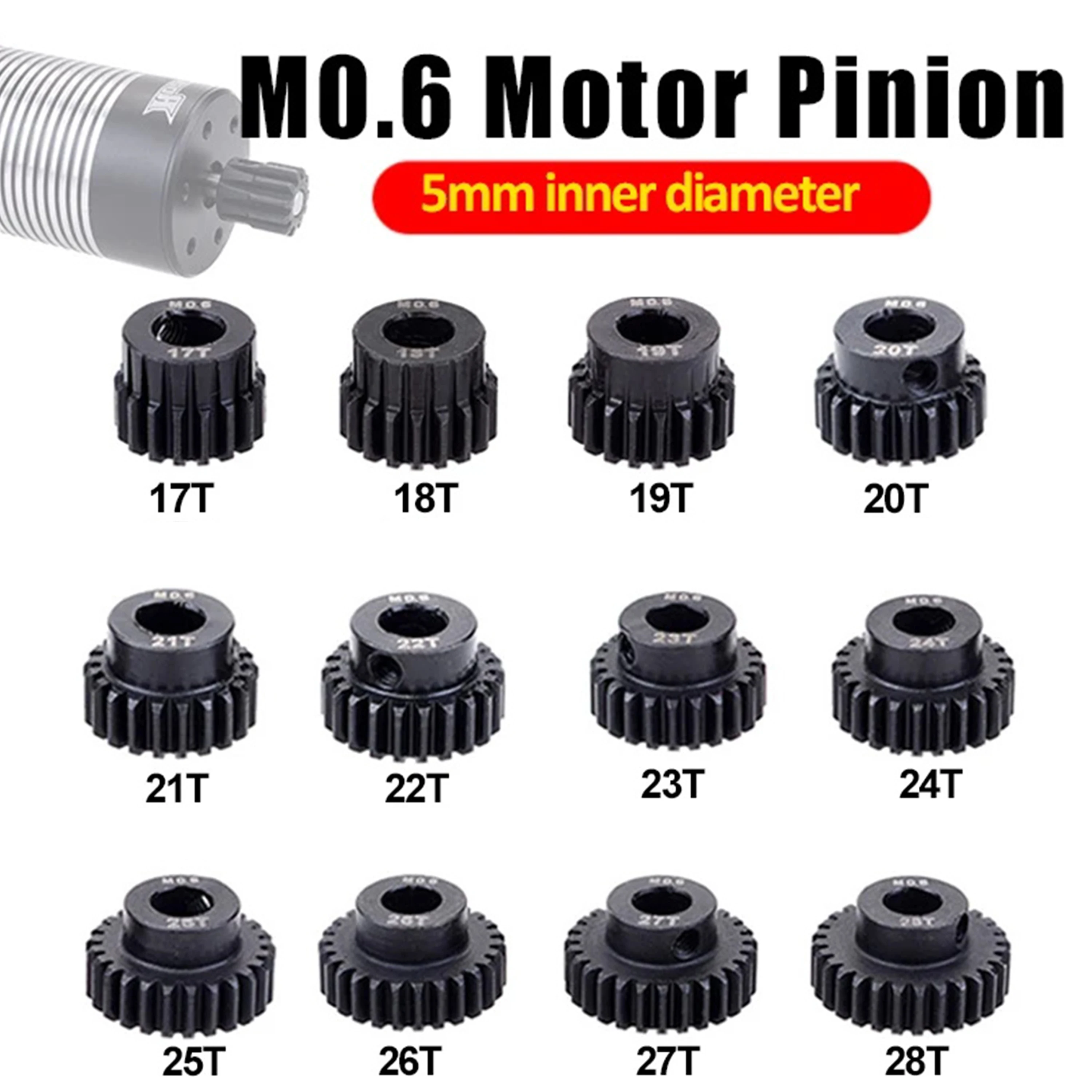 NEEBRC M0.6 5mm 17T 18T 19T 20T 21T 22T 23T 24T 25T 26T 27T 28T Black Steel Pinion Motor Metal Gear for 1/8 1/10 RC Car Motor