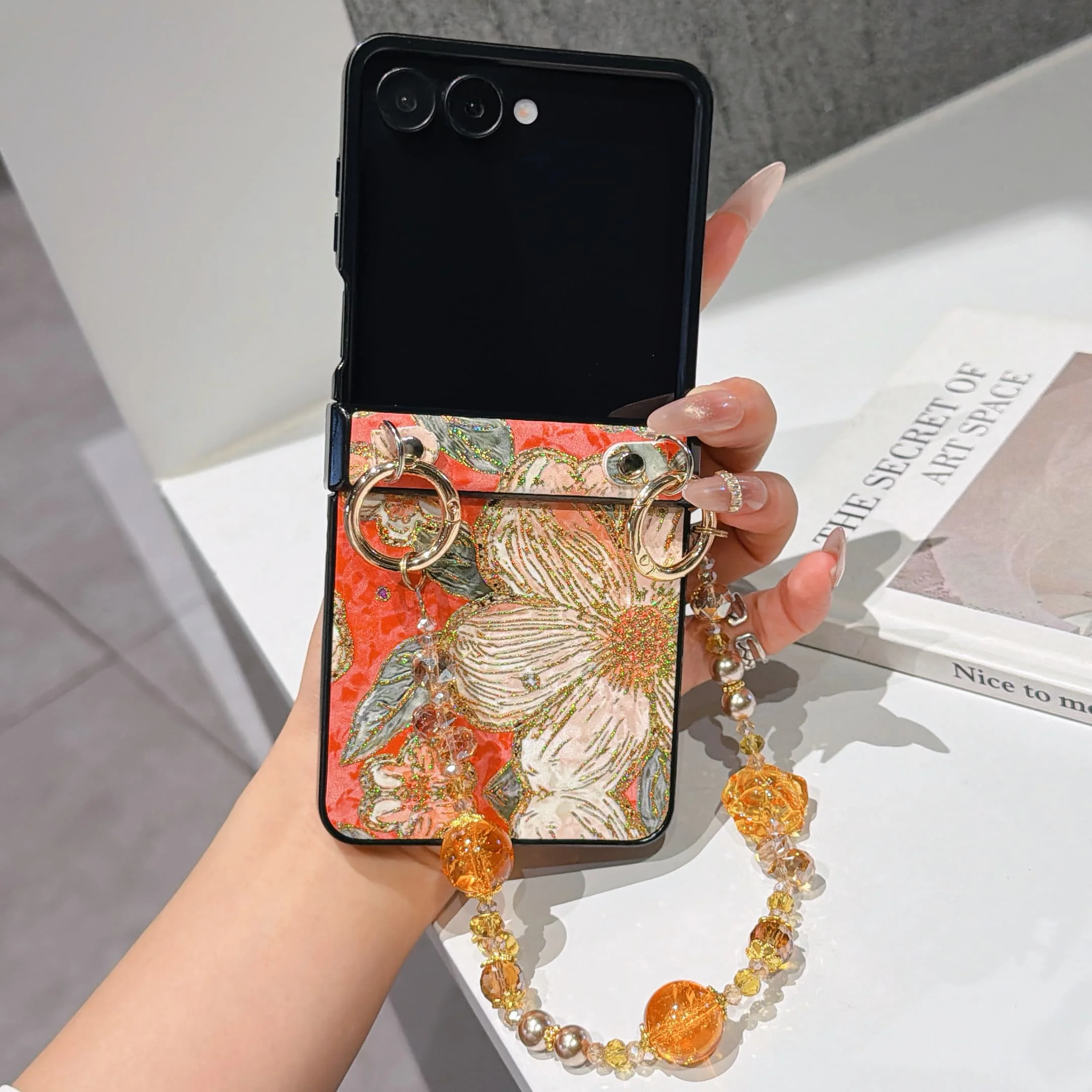 Hinge Protection PU Leather Cover & Colored Beads Wrist Chain Strap for Samsung Galaxy Z Flip 7 FE 6 5 4 3 Phone Case