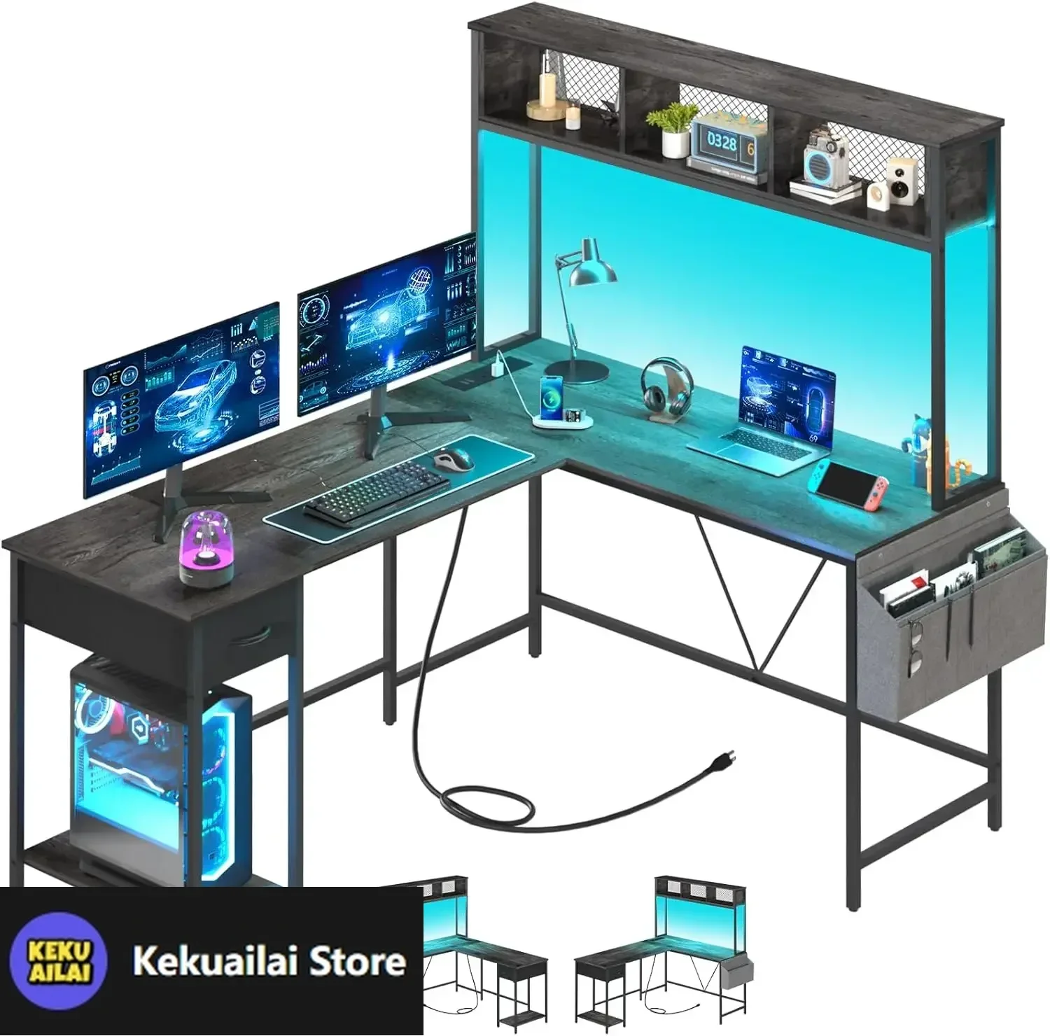 

L Shaped Desk Gaming Desk with LED Strip & Power Outlet, Reversible L-Shaped Computer Desk with Storage Shelf & Drawer