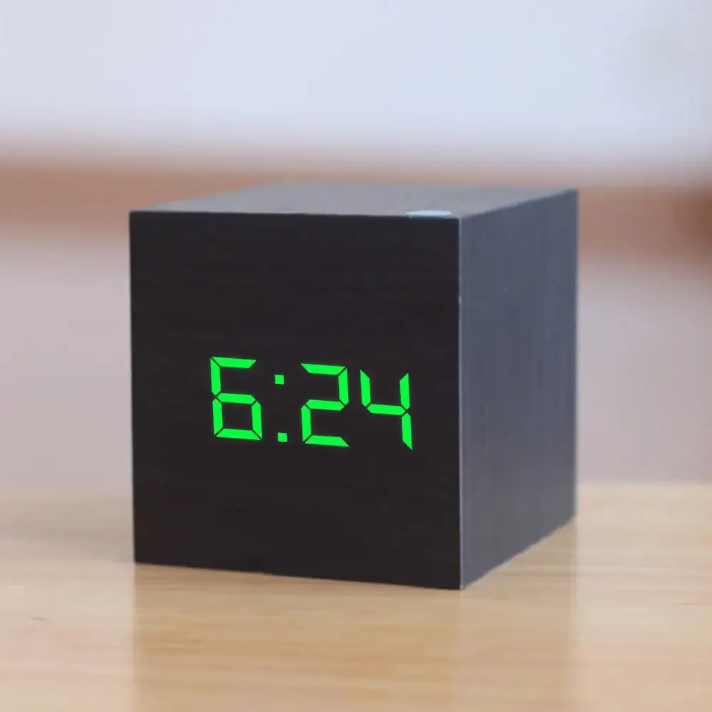 Digital Wooden LED Alarm Clock Retro Voice Control Snooze Function Wood Glow Desk Clock Desktop Table Decor