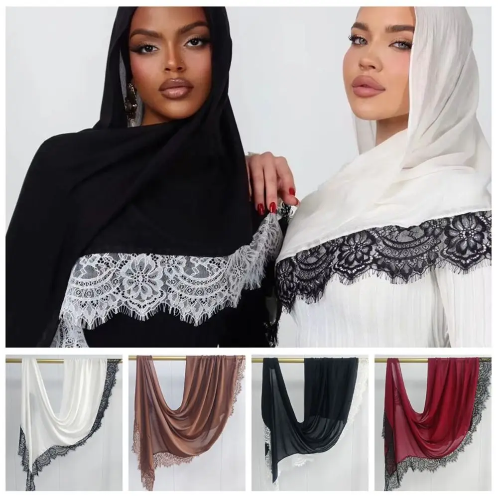 

New with Lace Trim Muslim Instant Turban Breathable Solid Color Turbans Head Full Cover Cotton Islamic Crinkle Shawl