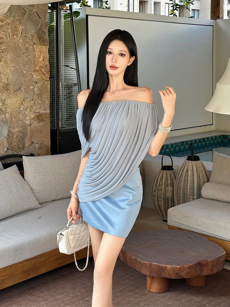 ReddaChic Off Shoulder Top Skirt Women Two-piece Set Lounge Satin A-line Mini Skirt Mesh Asymmetrical Cape Top Office Costume