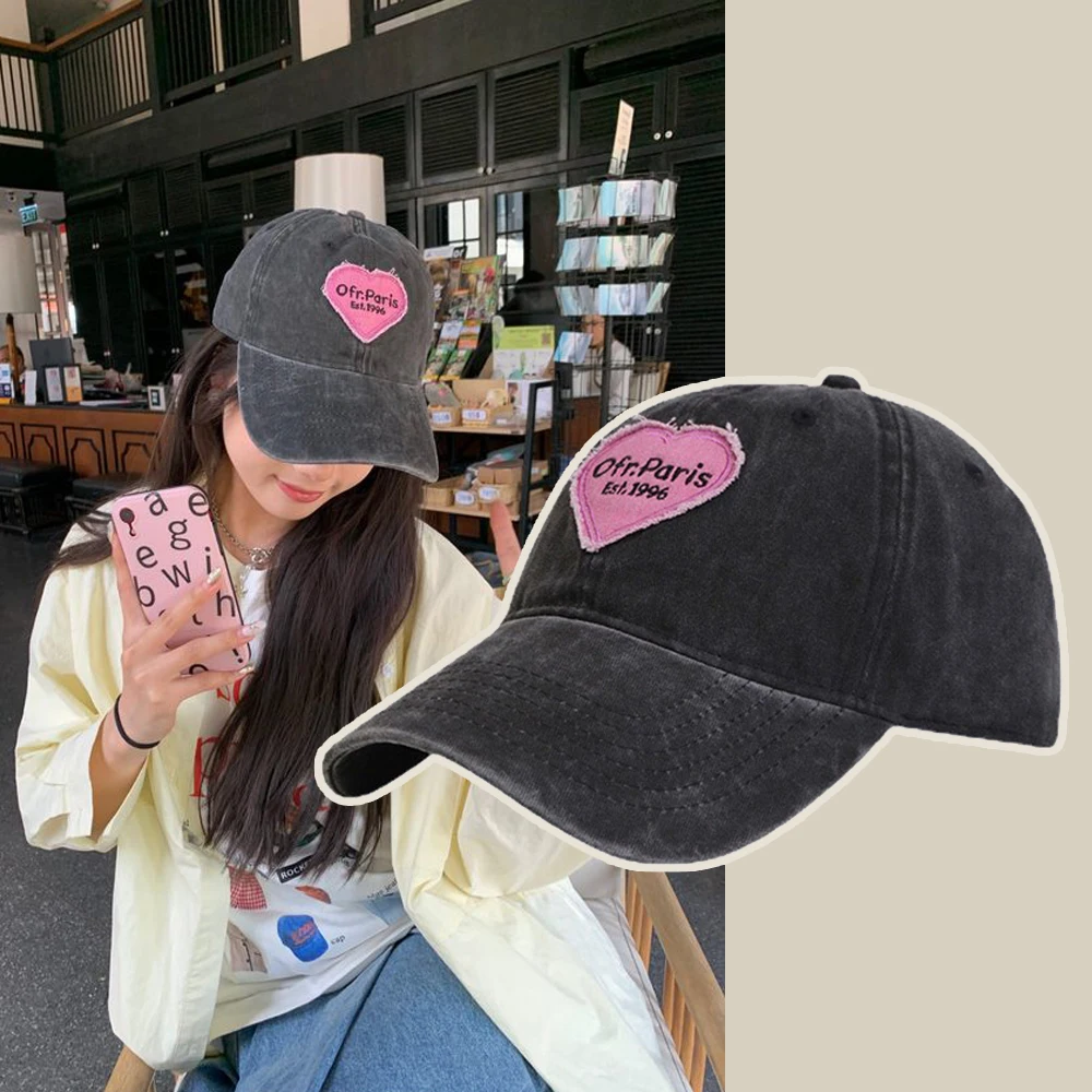 

Vintage Washed Cotton Soft Baseball Cap Love Heart Letter Embroidered Snapback Caps Fashionable Sunscreen Top Cap Hat for Men