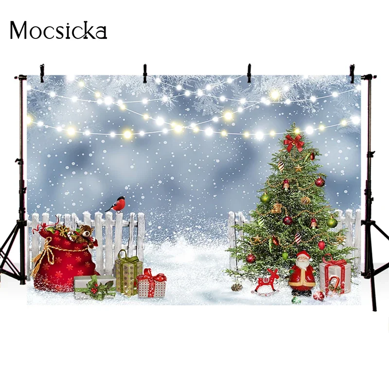 Mocsicka Christmas Tree Background Photography Winter Forest Snow Fence Decoration Child Portrait Photo Backdrops Outdoor Studio