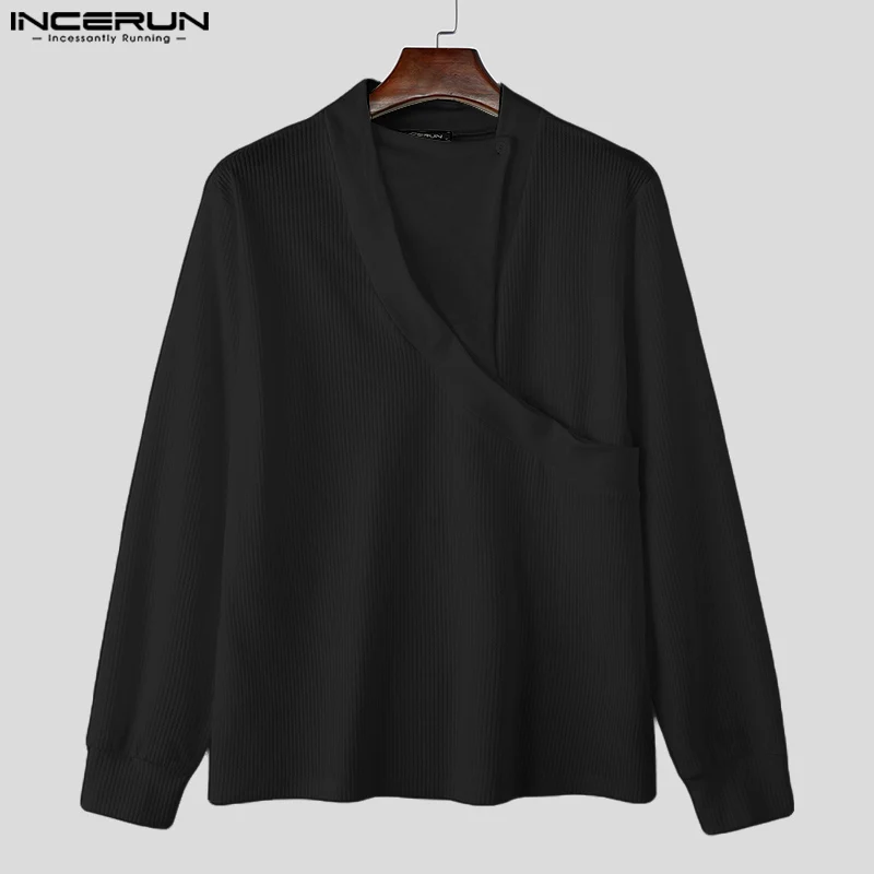 INCERUN-Pulls à manches longues pour hommes, pulls monochromes décontractés, t-shirts de style américain, Streetwear élégant en Y, 2024 bien ajustés, S-5XL