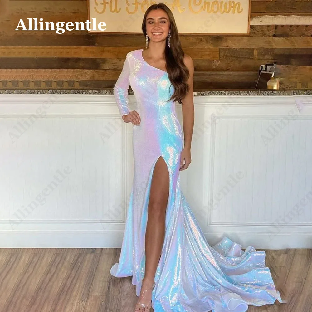 Allingentle One Shoulder Elegant Long Sleeve Mermaid Prom Gowns with Side Split Sequin Evening Formal Dress for Special Occasion