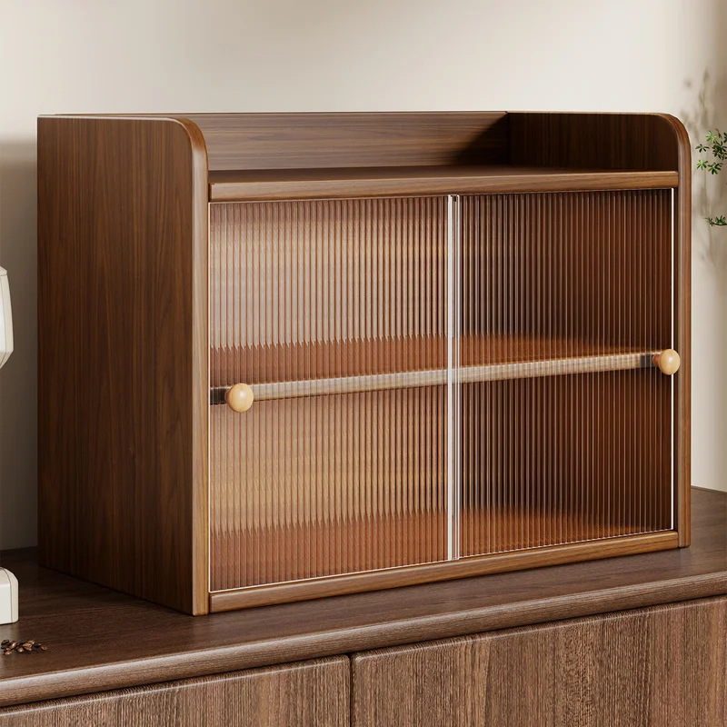 Mid Century Wooden Desktop Storage Cabinet Sliding Glass Door Cup Organizer Coffee Bar Display Rack for Kitchen Counter Table