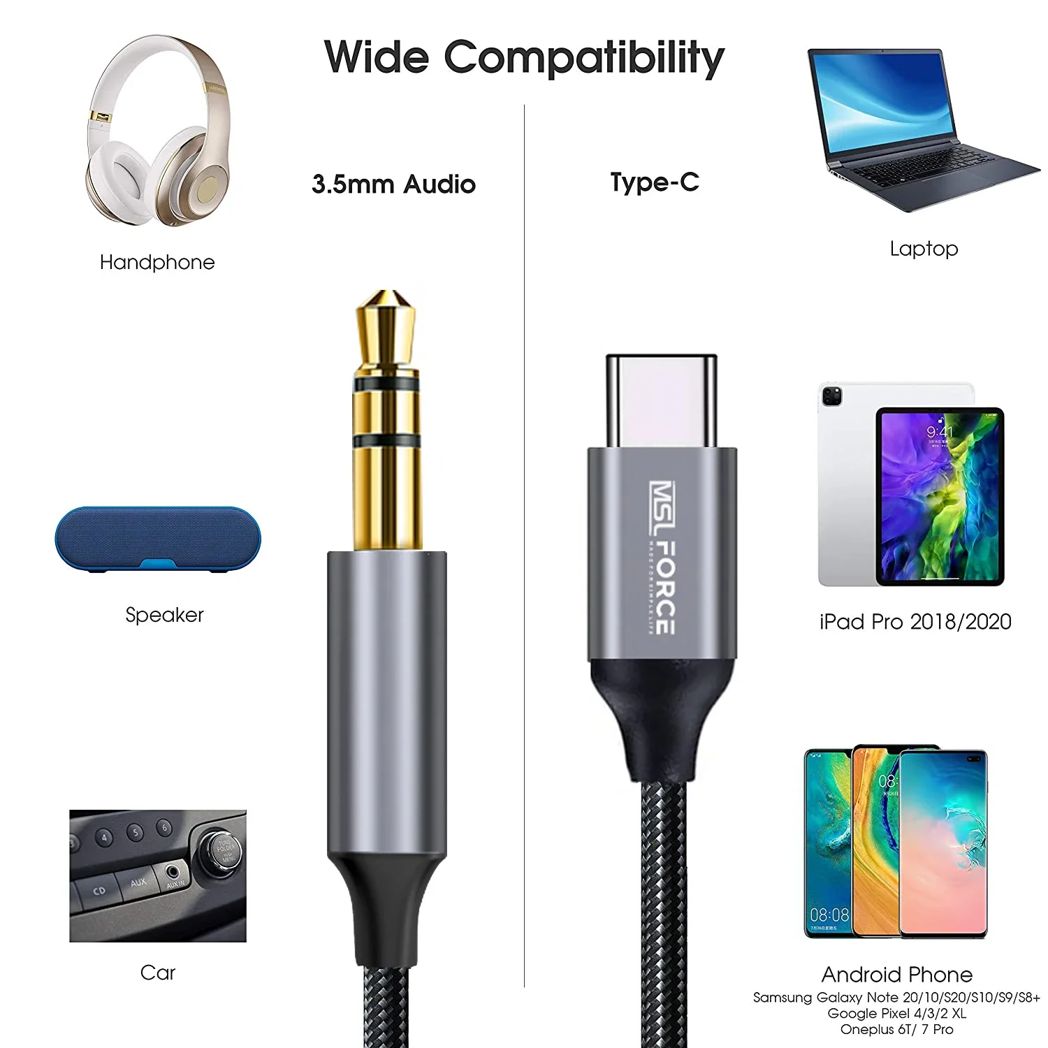 MSLFORCE USB C to 3.5mm Audio Aux Cable Type C 3.5 mm Headphone Male Jack Plug Adapter Car Auxiliary Stereo Cord Length 0.5M 1M