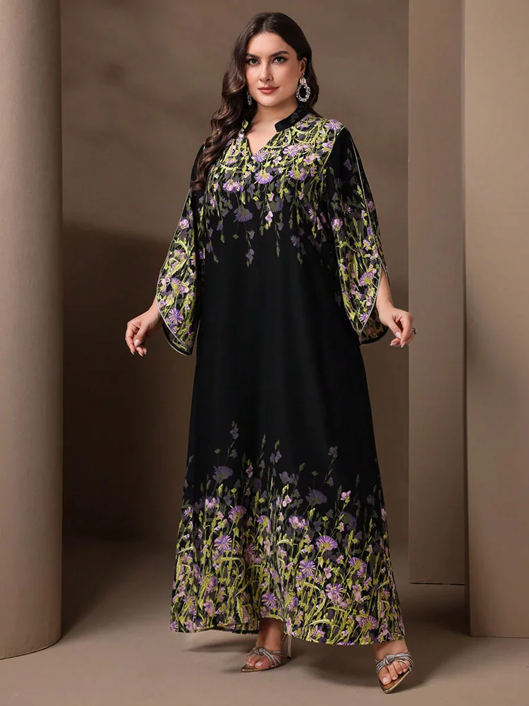 TOLEEN-Women\'s Eid Dress, Long Sleeve, A-line, Casual, Printed, Arabic Clothing, Fashionable and Elegant, Plus Size, Summer 2024