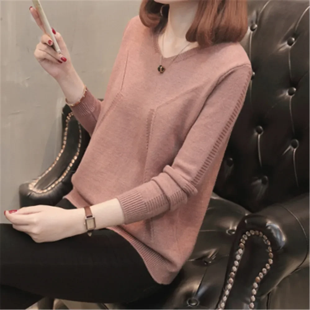 2022 New Fashion Winter Autumn Women Pullover Knitted Sweaters Casual Long Sleeve Elegant Warm Knitwear V-Neck Bottom Tops