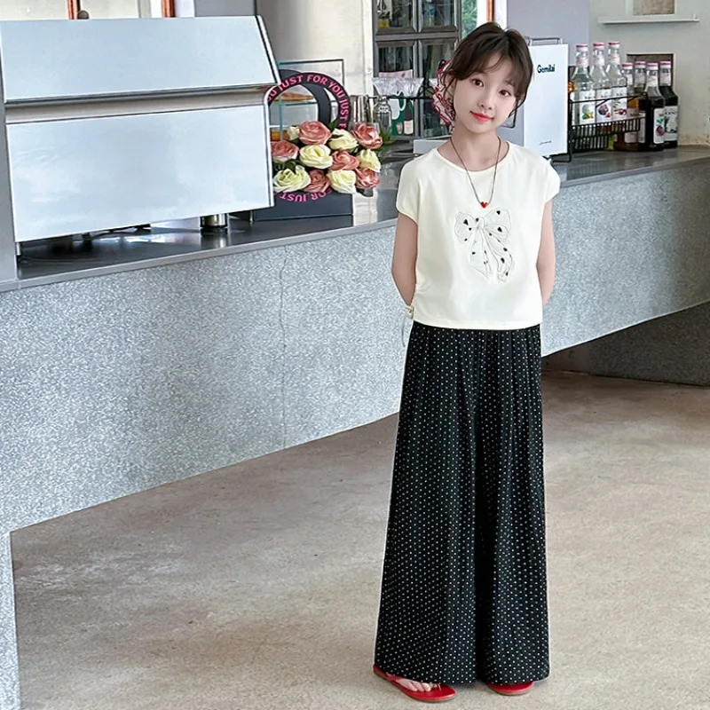 

Girls Summer Clothing Set Fashion Children Short-Sleeve T-Shirt Top + Polka Dot Wide-Leg Pants Two-Piece Set 2025 New