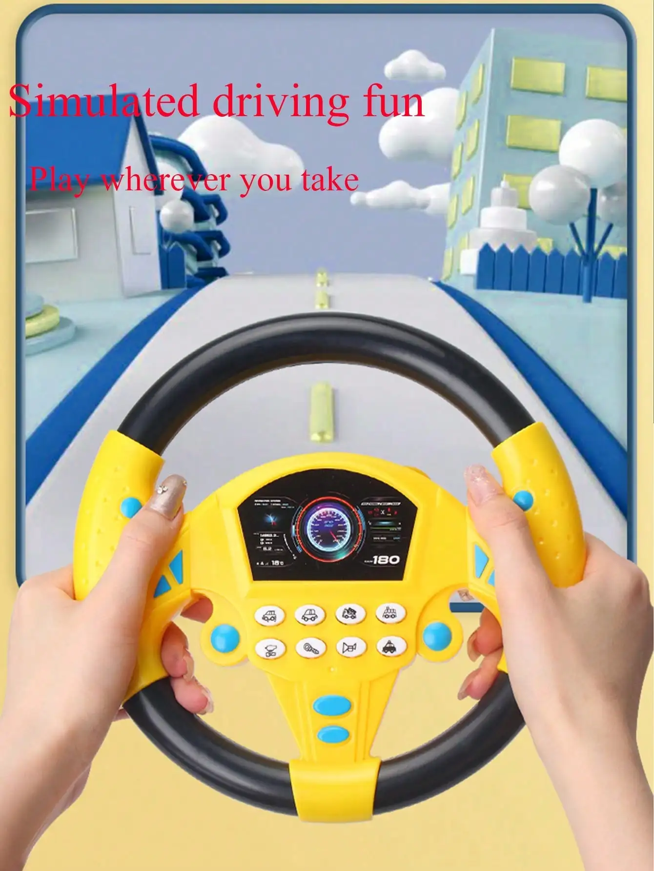 Co-pilot steering wheel toy for children, early education story toy, simulated steering wheel with driving buttons and music loop playback. Batteries not included