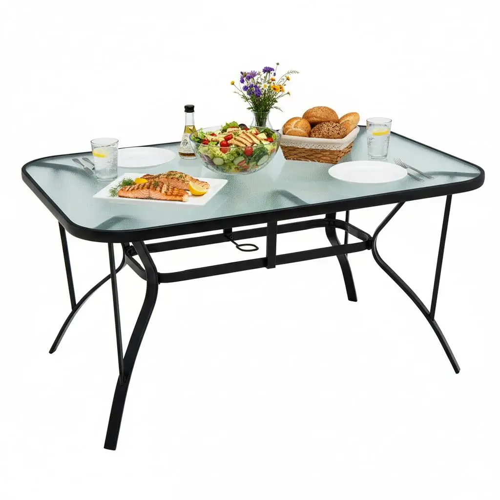 

Обеденный стол для патио 55 дюймов, с закаленным стеклом, отверстием для зонта, металлическим каркасом, на 6 персон, для двора/бассейна, на заказ