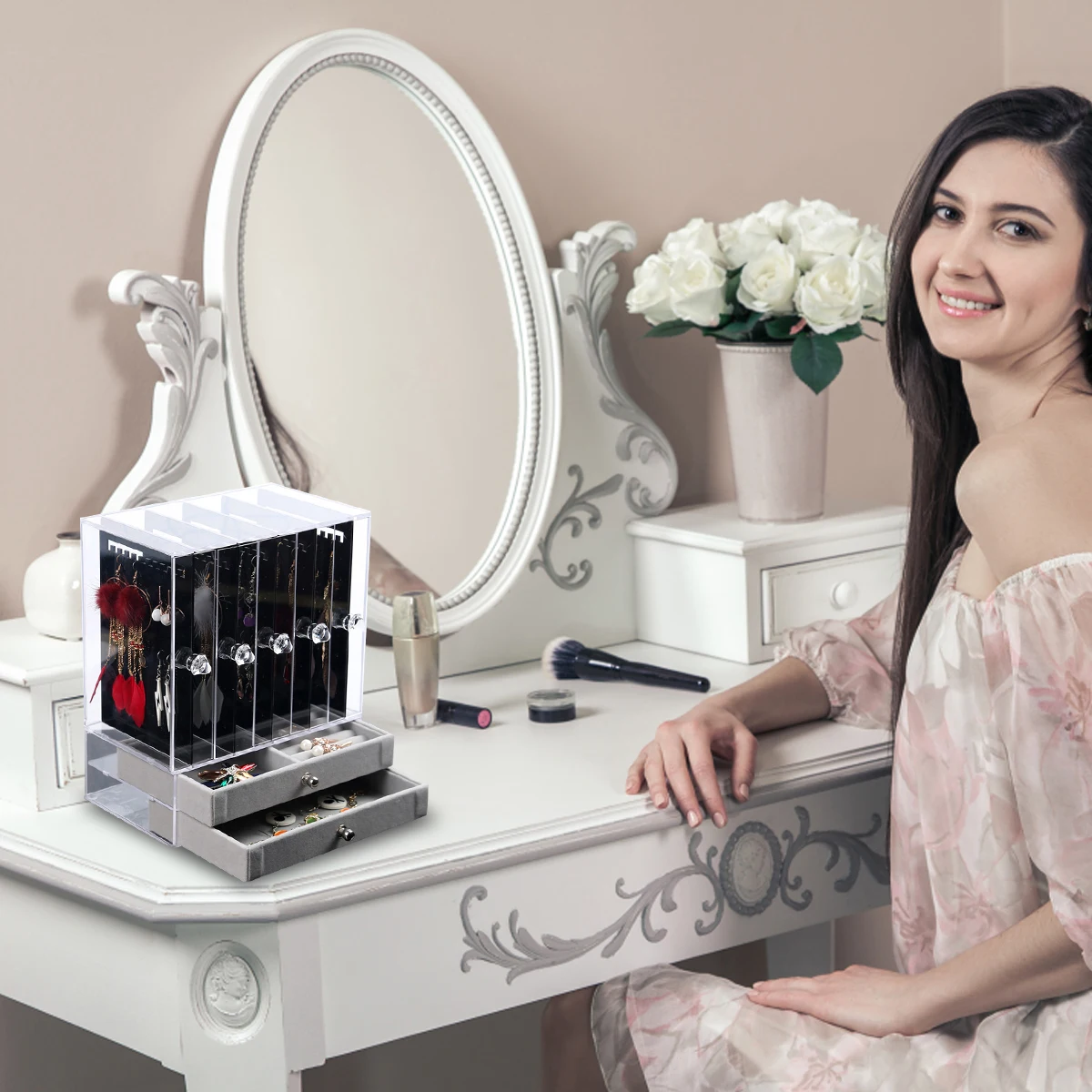 

Acrylic Jewelry Box Storage Holder Display Stand Necklace Rack for High Capacity