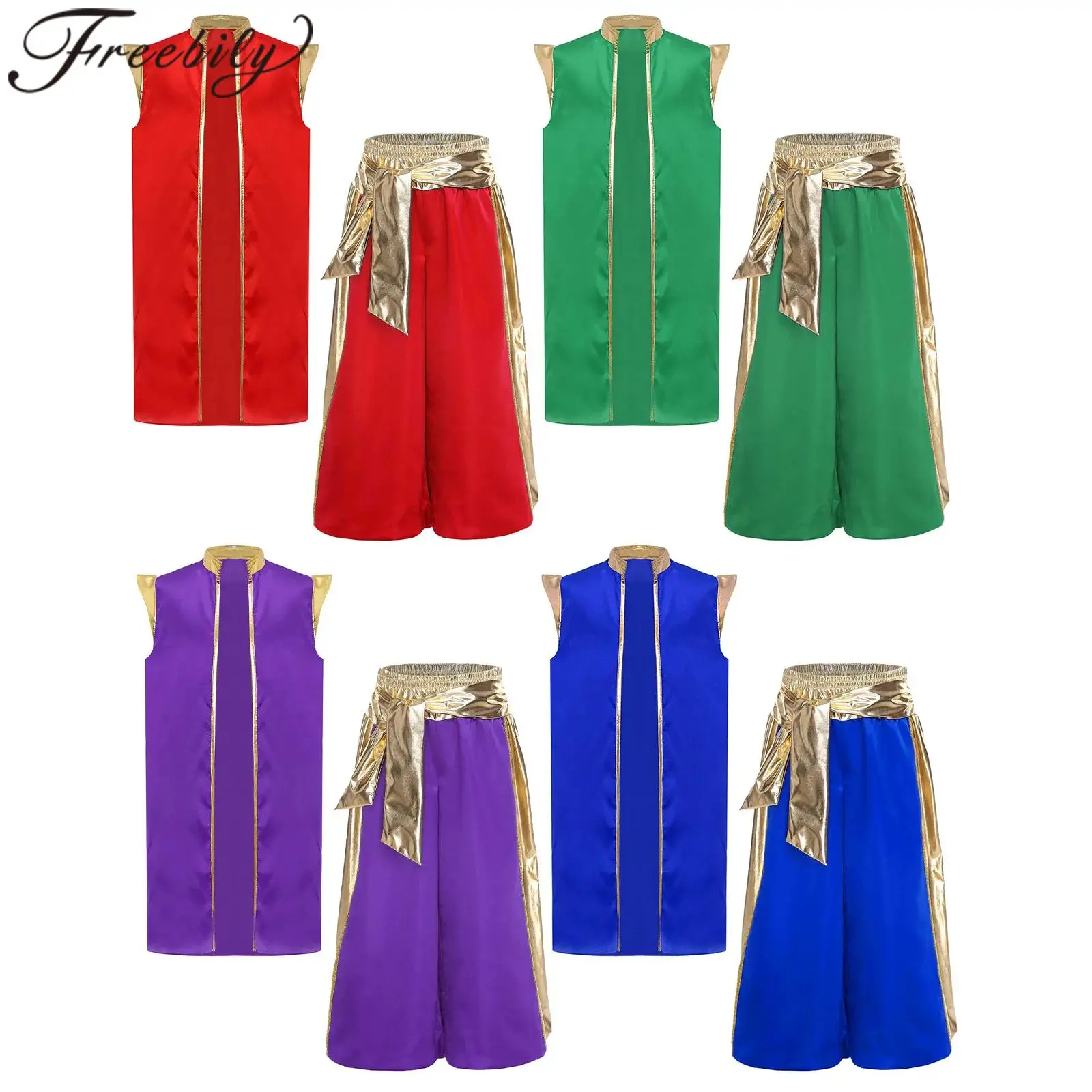 

Kids Boys Arabian Role-play Vest Cosplay Arab Prince Costume Halloween Party Outfits Persian Metallic Bloomers Harem Pants Suit