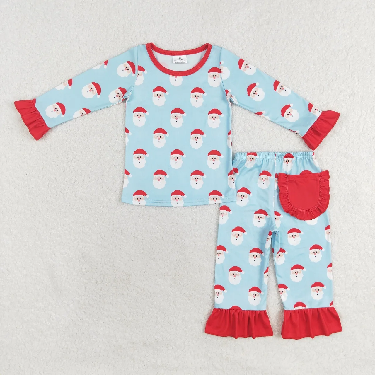 Wholesale Children Christmas Santa Set Long Sleeves Blue Shirt Pocket Pants Baby Boy Girl Sleepwear Pajamas Kids Toddler Outfit