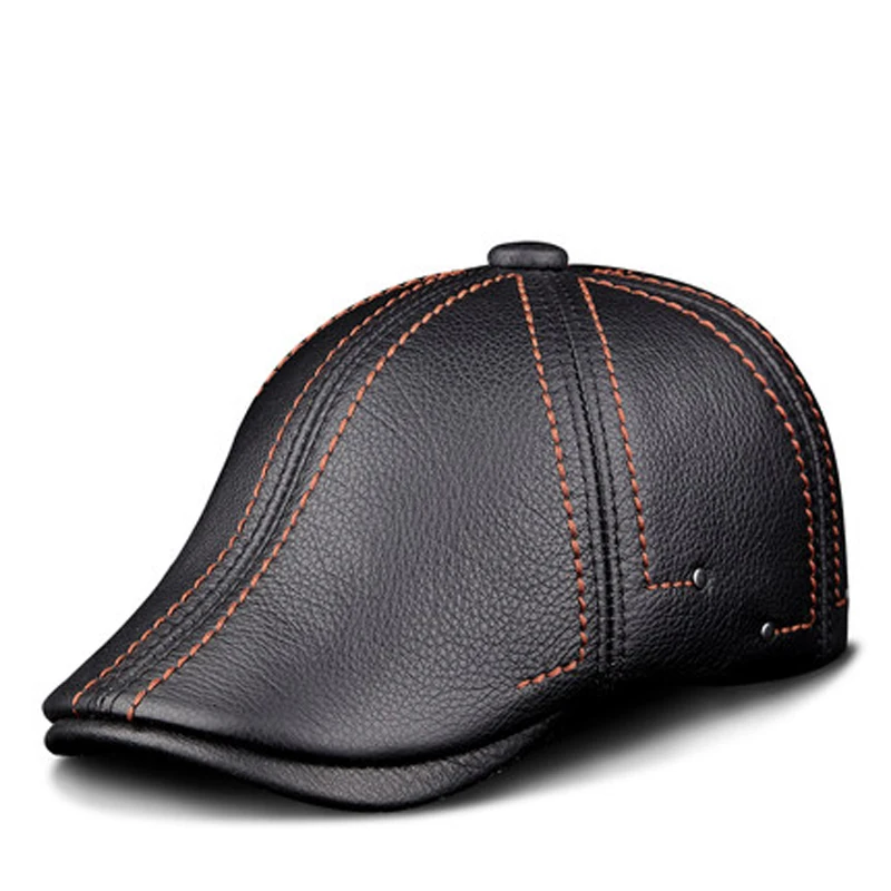 New Cowhide Genuine Leather Men Berets Cap Hat High Quality Fashion Men's Real Leather Adult Striped Black Hats