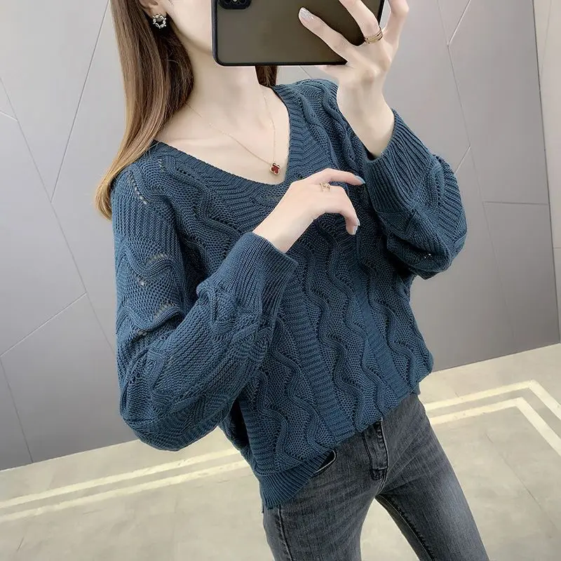 Damen Herbst Winter V-Ausschnitt Pullover aushöhlen solide Schraub faden Laterne Langarm Pullover gestrickt Unterhemd lässige Tops