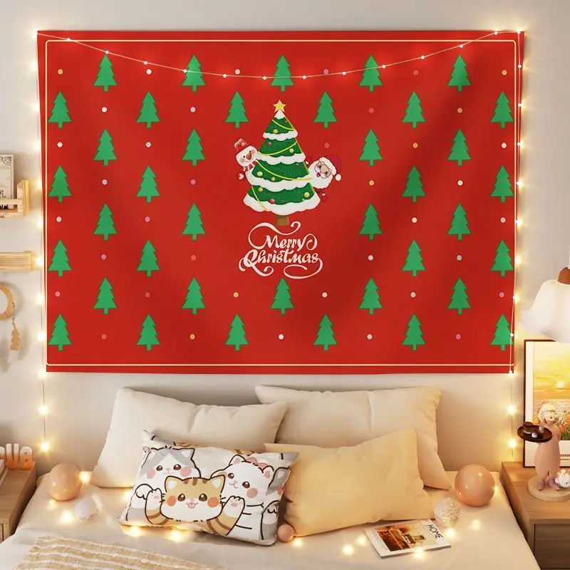 VIKAMA Wall Tapestry Red Christmas Tree Pattern Merry Christmas Santa Snowman Wall Hanging Dorm Room Aesthetic Xmas Wall Art