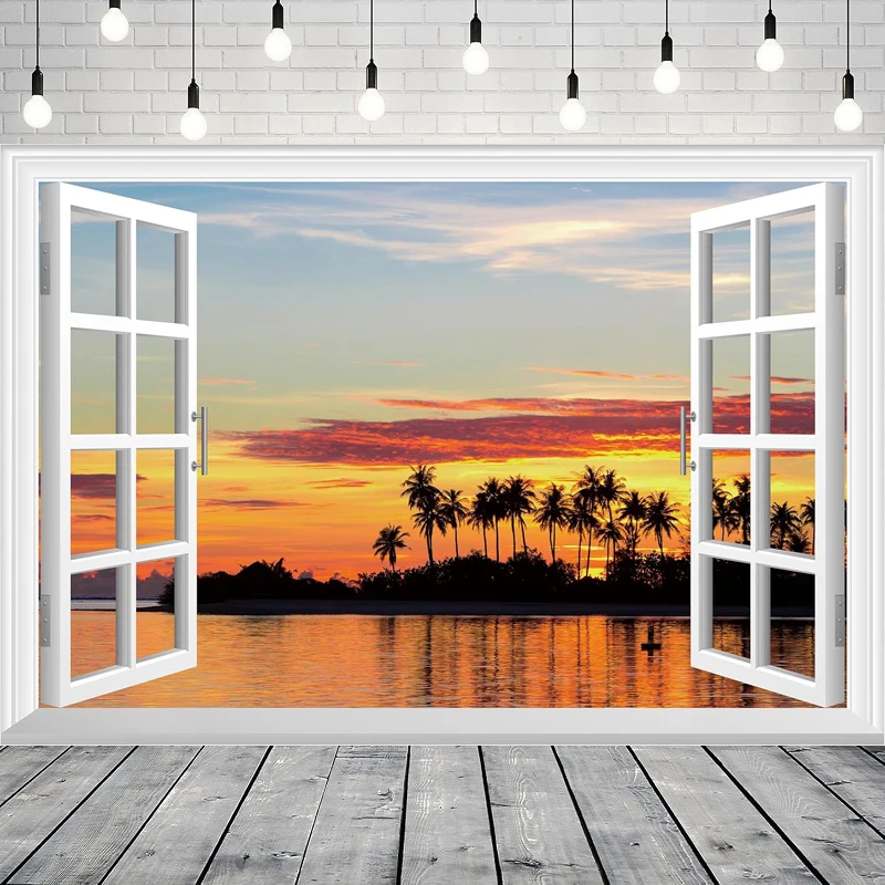 Sunset Photography Backdrop Seaside Beach Nature Scene Coast Summer Island Tropical Window Background Party Backdrop Wall Banner