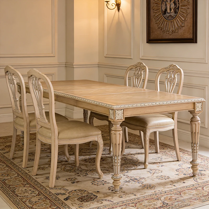 !@Handmade Carved Long Rectangle French Classical Design Solid Wood Gold Foil 6-seater Dining Table Set Dining Room Furniture