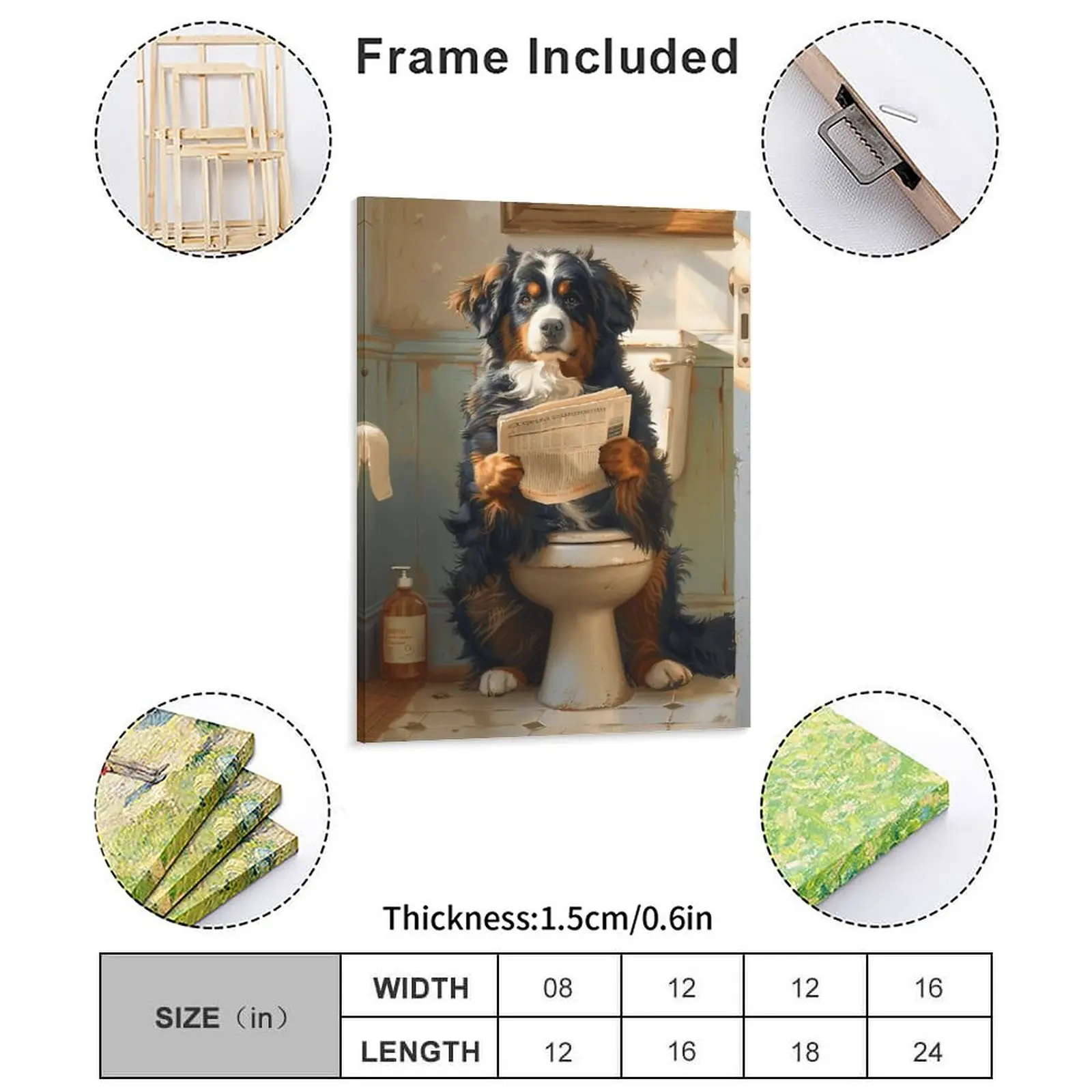 Bernese Mountain Dog On The Toilet And Reading The Newspaper Funny Dog Canvas Painting Cinema Mural Iron Framed Wall Painting