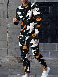 Ghost And Pumpkin Head Printed Men's Long Sleeve T-shirt And Pants Fall Everyday Casual Men's Halloween Set 2 Piece Set