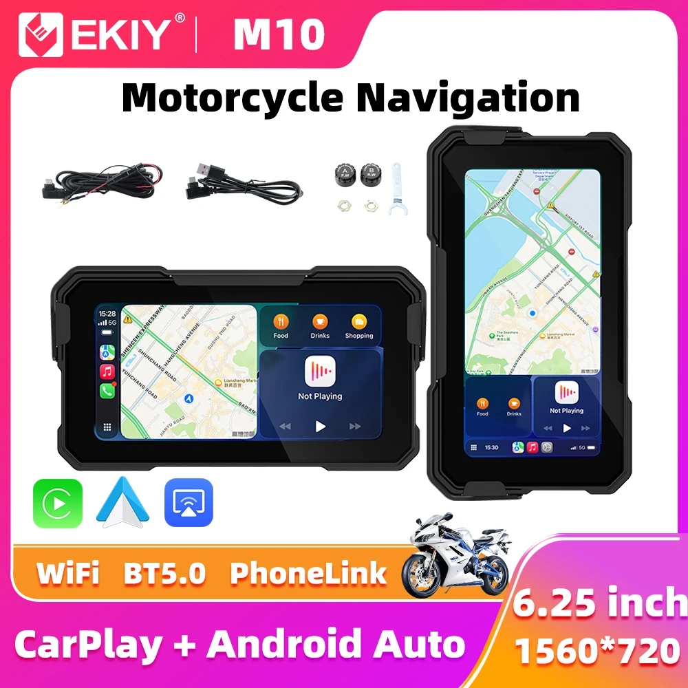 EKIY 6.25 inch Wireless CarPlay Moto Android Auto Portable Digital Dashboard GPS Motorcycle Navigation Removable Display Screen