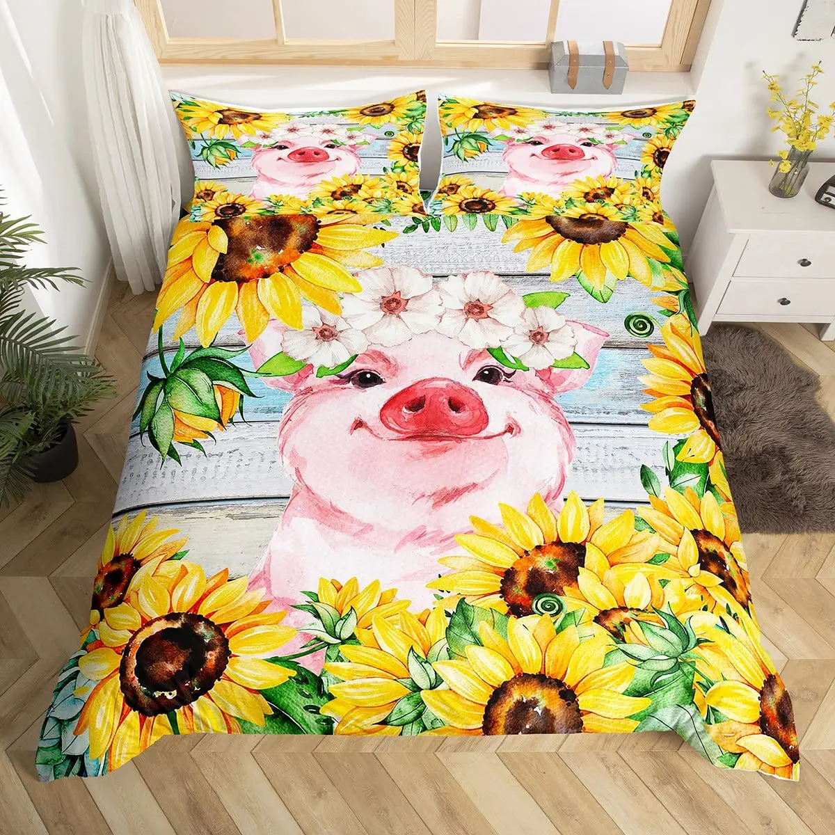 

Pink Pig Duvet Cover King Queen Size Cartoon Farm Animal Bedding Set for Kids Yellow Sunflowers 3pcs Polyester Comforter Cover