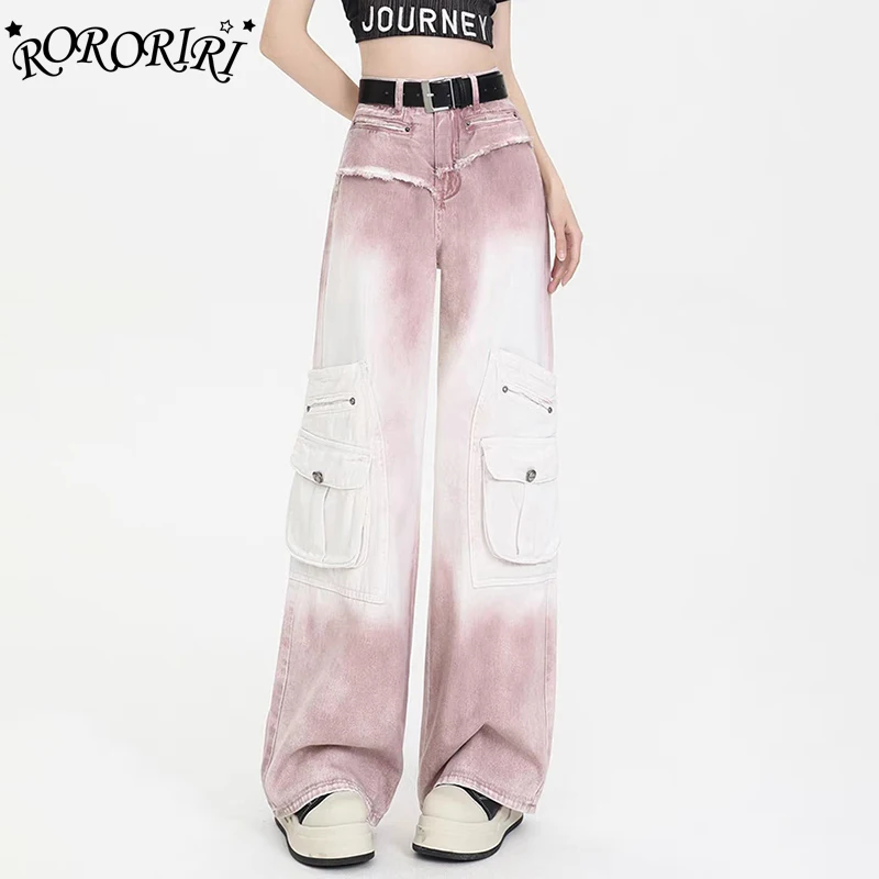 

RORORIRI Y2k Tie Dye Wide Leg Cargo Jeans Women Multi-pocket Bleached Wash Denim High Waist Straight Pants Casual Retro Clothes