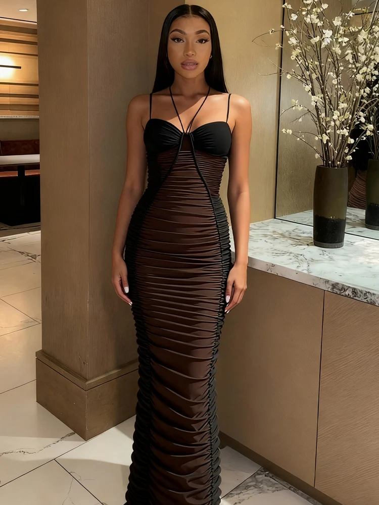 Estranho gato sexy malha retalhos vestido feminino elegante tendência ruched dupla camada sem mangas hottie festa clube pêssego nádegas bodycon