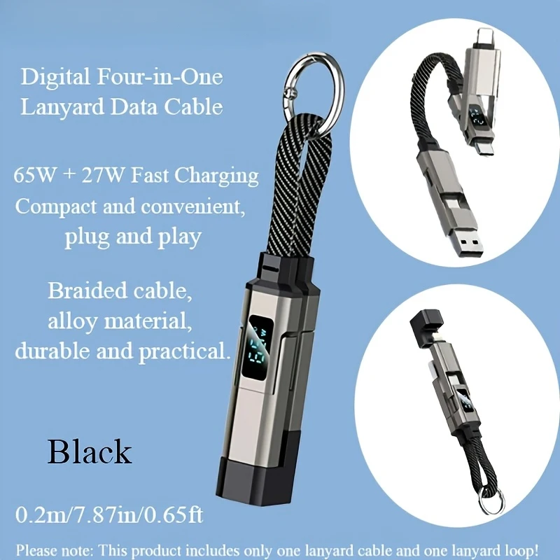 4 in 1 Keychain Charging Cable 65W Fast Charging Short Phone Lanyard Cord LED Digital Display Data Transfer For Phone