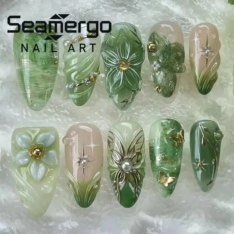

24PCS Golden Butterfly False Nails Green 3D Flower Almond with Pearl Press on Nails Full Cover Sweet French Fake Nails for Women