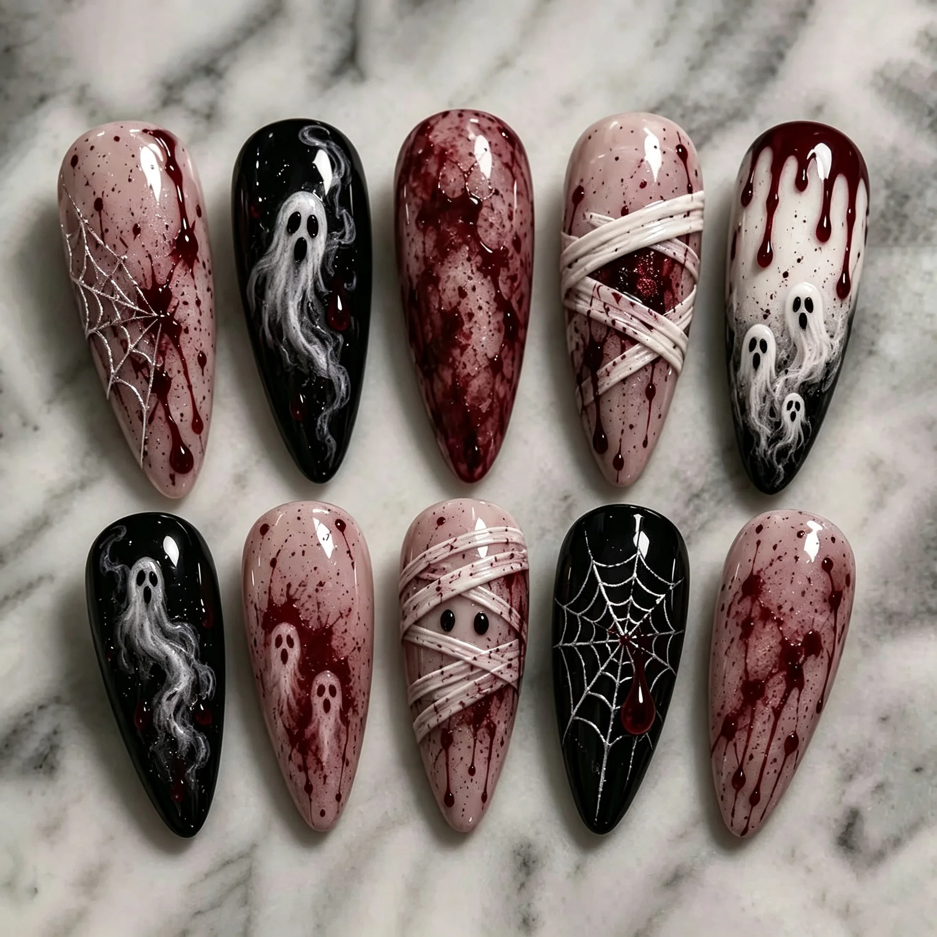 30 Halloween Hot Selling Bright Red Blood Drops Almond Dark Armor Wearing Sweet Cool Ghost Gilded Spider Web Nail Art Pieces