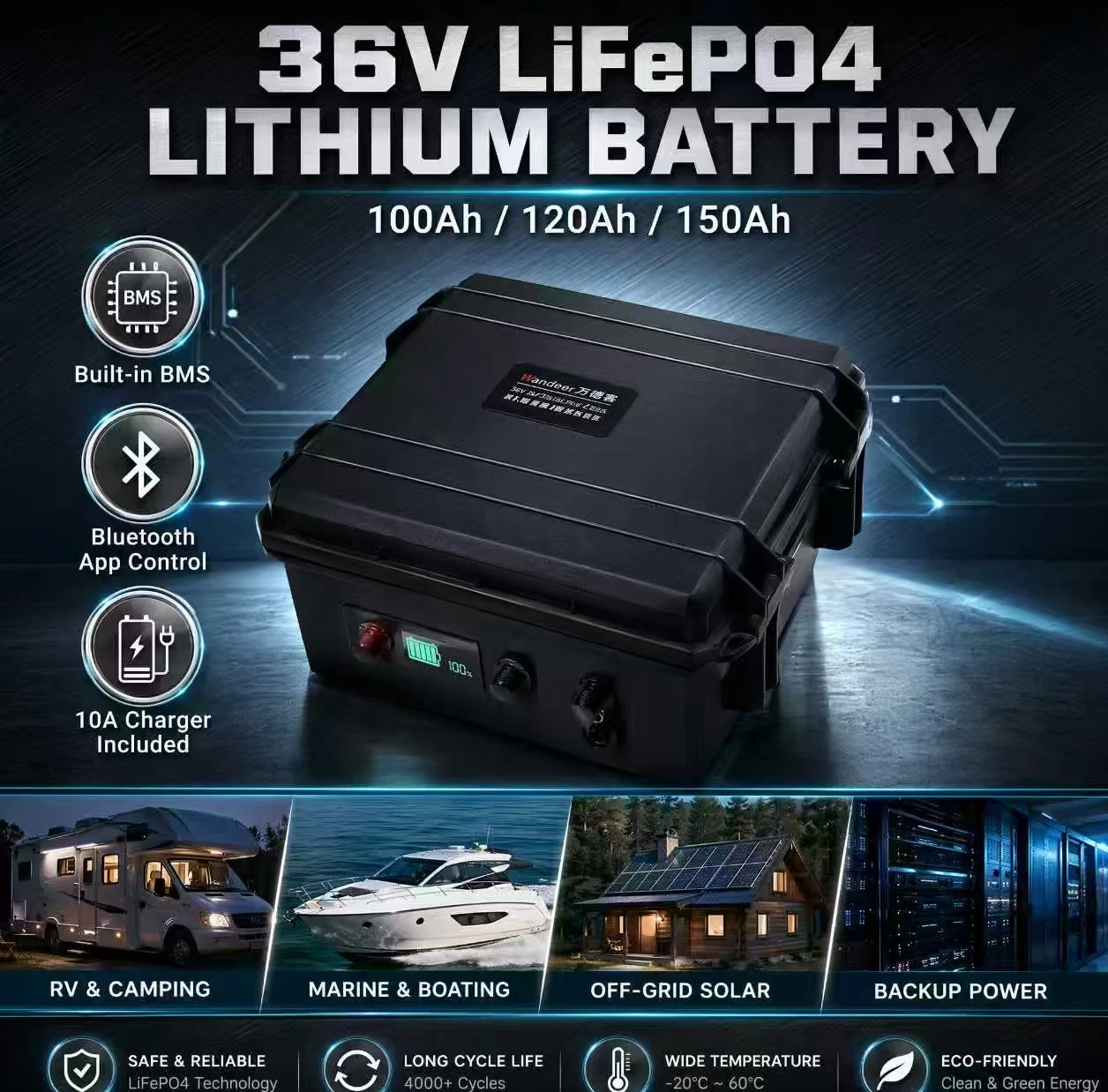 36V 100Ah 120Ah 150AH 100A 120A 150A lifepo4 lithium battery pack with bluetooth BMS for 2000W 3000W 4000w golf cart boat