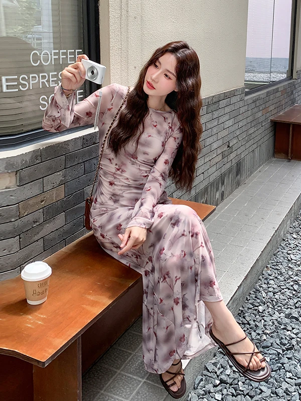 Romantischer Lila Blumendruck Damen Frühling Herbst 2025 Neu Einzigartig Schöner Ele Langer Rock Hohe Taille A-Linie