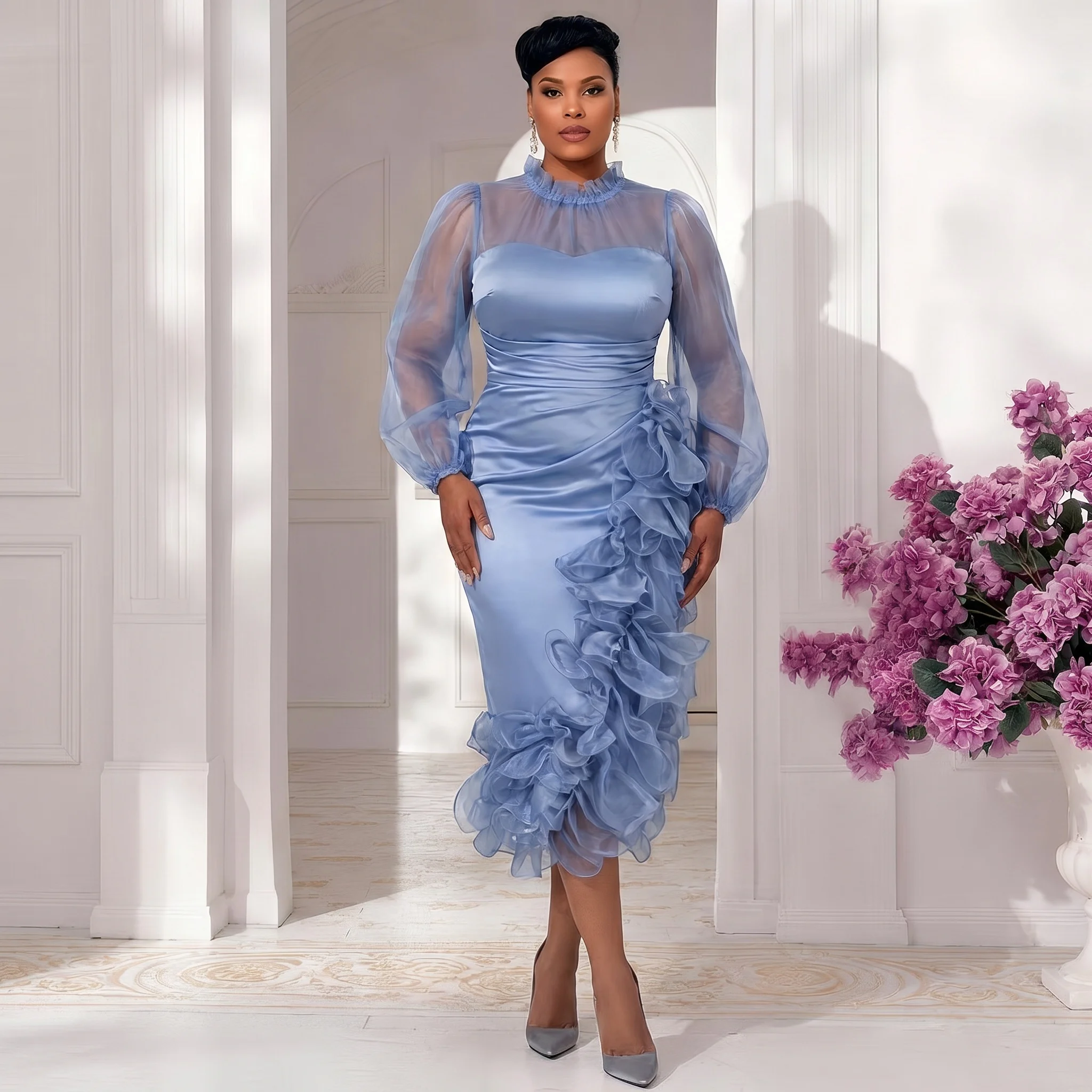 Formal Satin Midi Dress Sheer Puff Long Sleeve Ruched Waist 3D Ruffle Split Gown Plus Size Wedding Guest Dress for Women