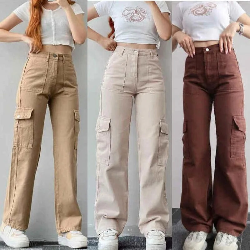 

Autumn Winter Women Casual Pants Mid Waist Three-dimensional Pocket Cargo Pants Tight Straight Leg Trousers